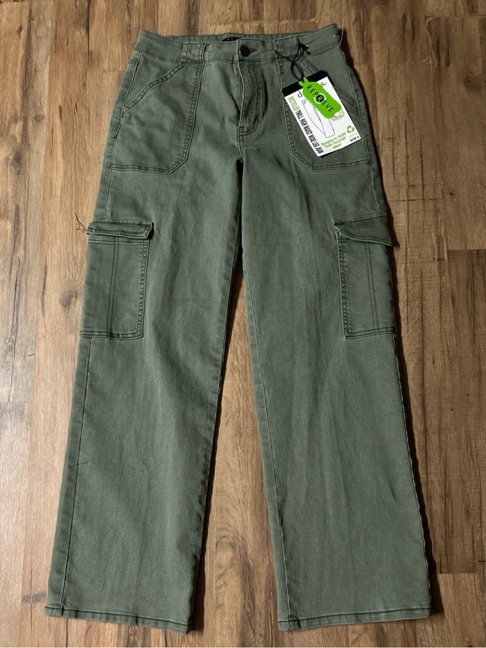 d.jeans Repreve Women’s High Waist Wide Leg Jeans Cargo Pockets Olive Green 6